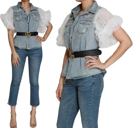 Sexy Beautiful Women's Tulle Sleeve Denim Shirt Top