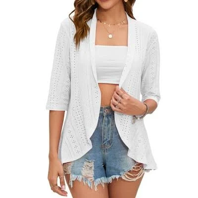 Women's Eyelet Embroidery Jacquard High Low Hem Cardigan