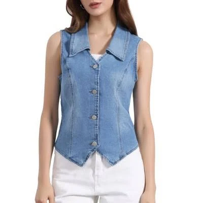 INSPIRE CHIC Women's Sleeveless Turndown Collared V Neck Button Down Waistcoat Denim Vest