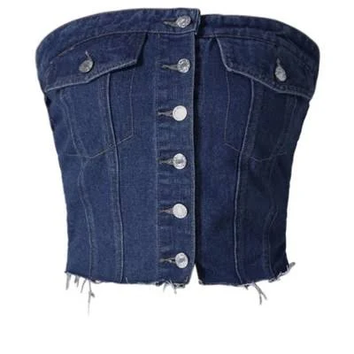 INSPIRE CHIC Women's Button Front Raw Hem Smocked Back Crop Denim Corset Tube Top