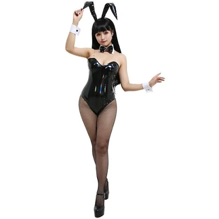 Woman Sexy Cute Japanese Style Black Bunny Girl One Piece Bodysuit Backless Bunny Suit Outfits Cosplay Costume with Headdress and Bow Accessory