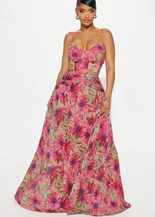 Cut Out Padded Sleeveless Mesh Sweetheart, Fruitful Maxi Dress in Fuchsia, Size M, For Vacation | Fashion Nova