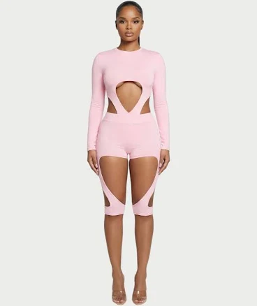 CELLA Cutout Long Sleeve Bodysuit & Shorts Set - Pink / S - Women's Fashion - Celestia