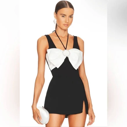 Nbd Cella Bodysuit Black & Ivory Giant Bow Top Rhinestone Going Out