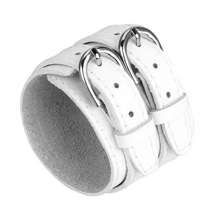 Unisex Double Leather Buckle Bracelet Girlfriends Gift Leather Bracelets - White, Adult Unisex, Size: 5.5x4cm, Silver