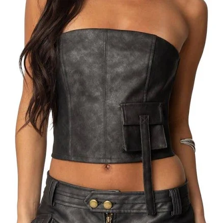 Edikted Women's Ryan Strapless Faux Leather Cargo Corset Top