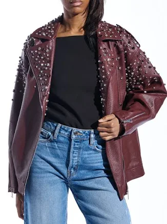 Azalea Wang Women's Catrine Studded Faux Leather Moto Jacket