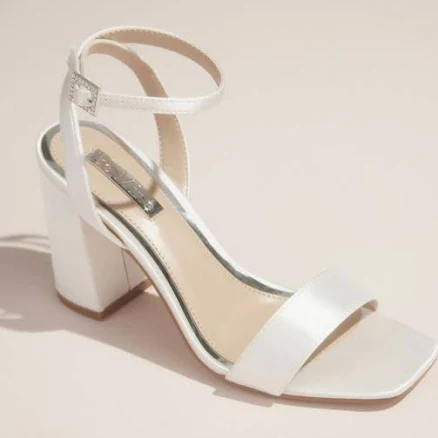 Be Mine Rhinestone Buckle Satin Block Heel Sandals in Ivory | Size: 6 | David's Bridal