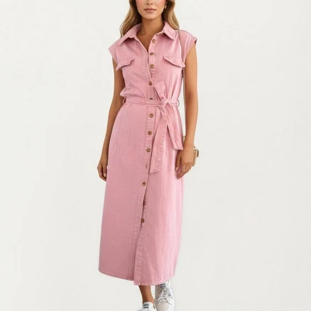 Anna-Kaci Women's Adjustable Waist Denim Maxi Dress with Front Slit