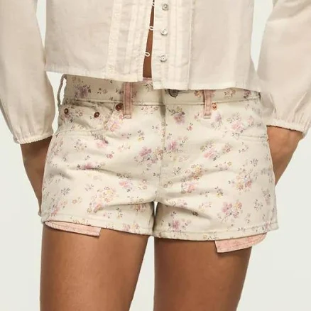 Lucky Brand Women's Mid Rise Festival Floral Print Stretch Denim Shorts