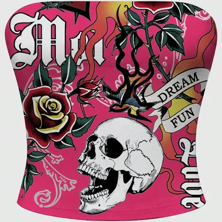 ROMWE Women's Y2K Skull Rose Graphic Print Tube Bandeau Crop Top