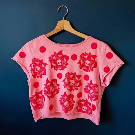 Gothic Hand-Printed Skull Flower Crop Top