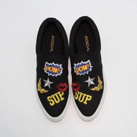 Black Abstract Embroidered Sneakers.