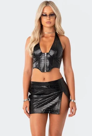 Edikted Lana Croc Embossed Faux Leather Corset Top