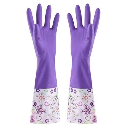 Nmdmisc Rubber Latex Waterproof Dishwashing Gloves,1 Pair Medium Long Cuff Flock Lining Household Cleaning Gloves -Purple, Size: Free Size