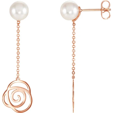 14k Rose Gold Freshwater Pearl and Rose Chain Earrings