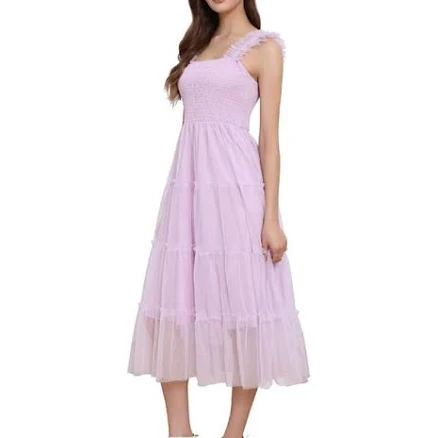 Women's Smocked Square Neck Tiered Ruffled Tulle Dress