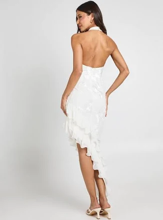 boohoo Women's Halterneck Ruffle Detail Midi Dress in Ivory | Size: 6 | Woven