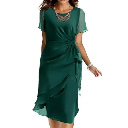 Staron Women's Elegant Sheer Sleeve Ruched Waist Ruffle Midi Cocktail Dress
