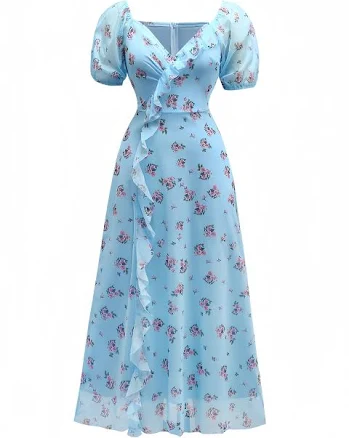 Cottagecore Retro Stage Floral Ruffle Midi Dress with Puff Sleeves