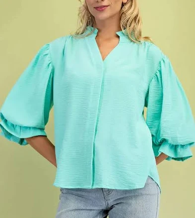 3/4 Length Gathered Balloon Sleeve Blouse