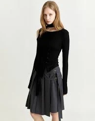 VIENNE Unbalanced Cut-Out Detail Knitted Cardigan_Black