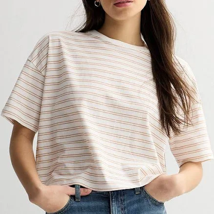 Juniors' SO Short Sleeve Boxy Cropped T-Shirt, Women's, Size: Large, Cream Pink Stripe