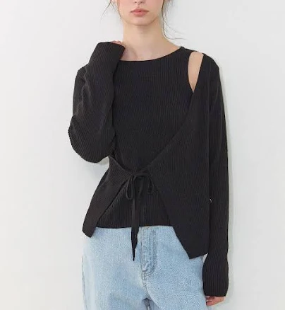 W Concept Cut Out Diagonal Wrap Knit Sweater