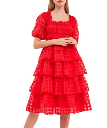 English Factory Women's Check Organza Tiered Midi Dress