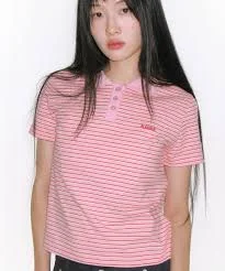 Basic Stripe Collar Tee Pink