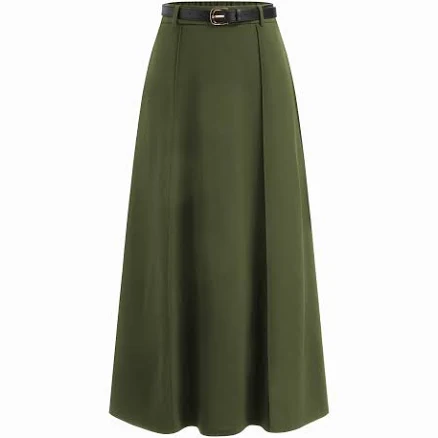 CIDER Women's Flattering Woven Stretchy Mid Rise A-line Maxi Skirt with Belt and