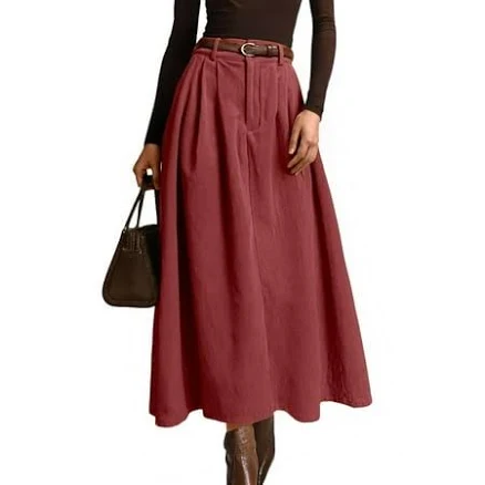 Women's High Waist Pleated Maxi Skirt with Belt