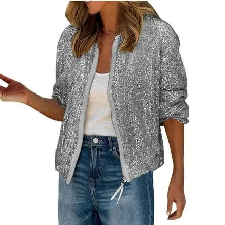 Women's Sparkly Sequin Long Sleeve Crew Neck Zip Jacket