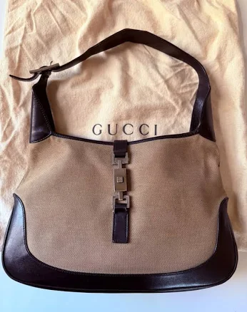 Gucci Jackie 1961 Hobo Bag Beige Canvas/black Leather- Vintage 1990s