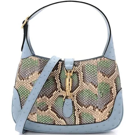 Gucci Snakeskin Ostrich Calfskin Small Jackie 1961 Hobo Blue Multicolor