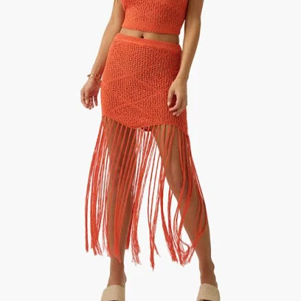 Crochet Open-Knit Tassel Fringe Maxi Skirt