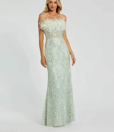 Mac Duggal Women's Strapless Embroidered Feather Bustier Gown