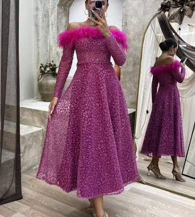 Strapless Bust Feather Embroidered Midi Length Dress
