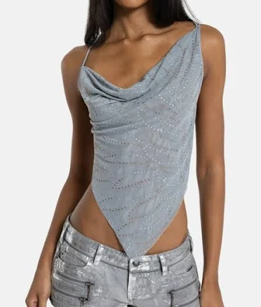 JADED LONDON Rhinestone Cowl Neck Open Back Top in Grey at Nordstrom, Size 2