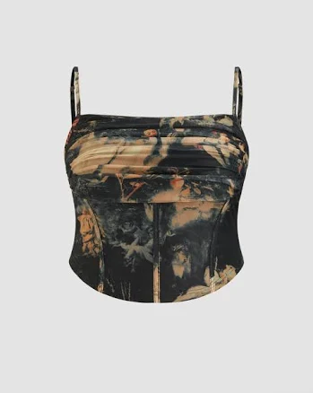 Womens CIDER Mesh Graphic Ruched Corset Crop Cami Top Plus Curve
