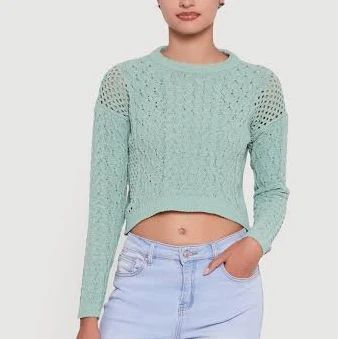 Womens Open Stitch Cropped Pullover Sweater, Green, Size S - Rainbow Shops