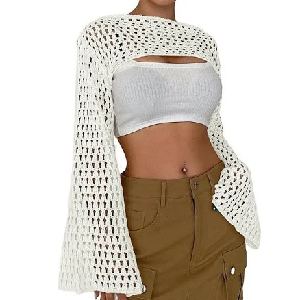 Womens Cropped Sweater Crochet Knit Crop Tops See Through Y2k Knit Sweater Beach Cover Ups, Women's, Size: Medium, White