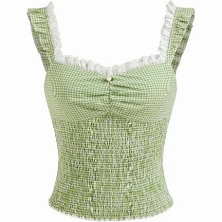 Gingham Sweetheart Neckline Shirred Broderie Anglaise Trim Cotton-blend Crop Top
