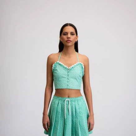Je Te Veux Women's Sweetheart Gingham Lace Trim Crop Bustier Top