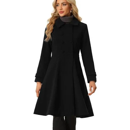 Allegra K Winter Overcoat Collared A Line Double Breasted Long Coat