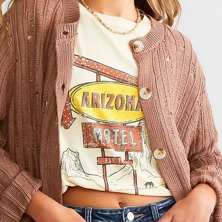 Papermoon Women's Cotton Destructed Cardigan Sweater with Buckle