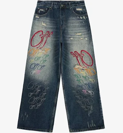 Retro Rhinestone Letter Embroidery Distressed Baggy Jeans