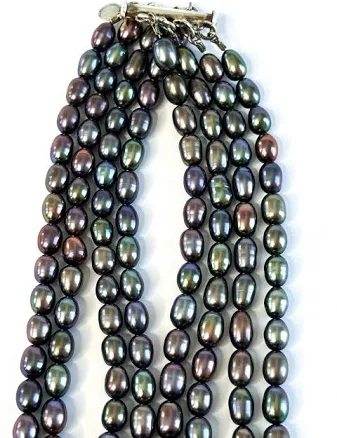 Sterling Clasp Four Strand Blue Pearl Necklace
