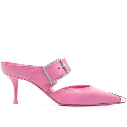 Alexander Mc Queen Punk Buckled Leather Mules In Pink