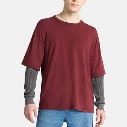 No Boundaries Men's Cotton Washed Tee with Layered Long Sleeves